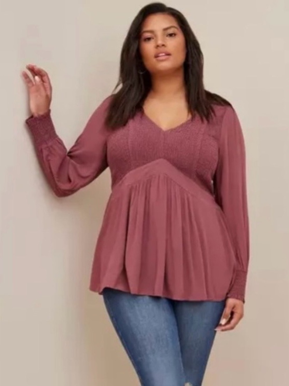 Torrid Smocked V-Neck Long-Sleeve Babydoll Top in Dusty Rose (1X)